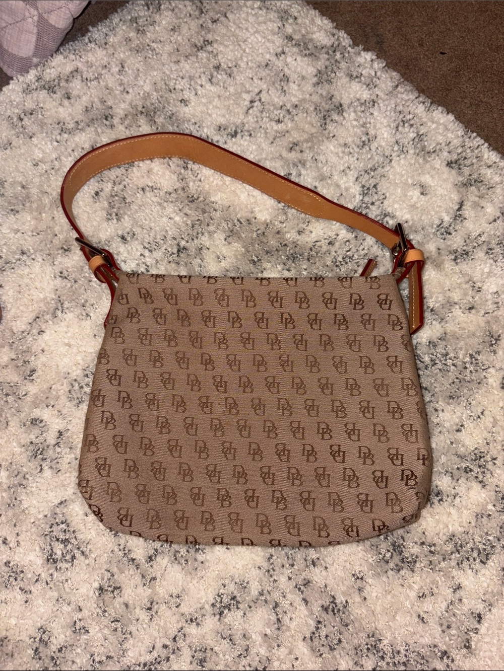 Dooney & Bourke Brown Monogram Shoulder Bag with Tan Strap